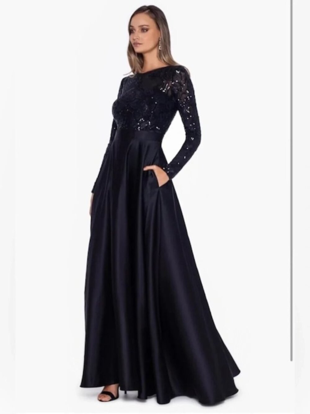 Betsy & Adam Black Sequin Long Sleeve Ballgown